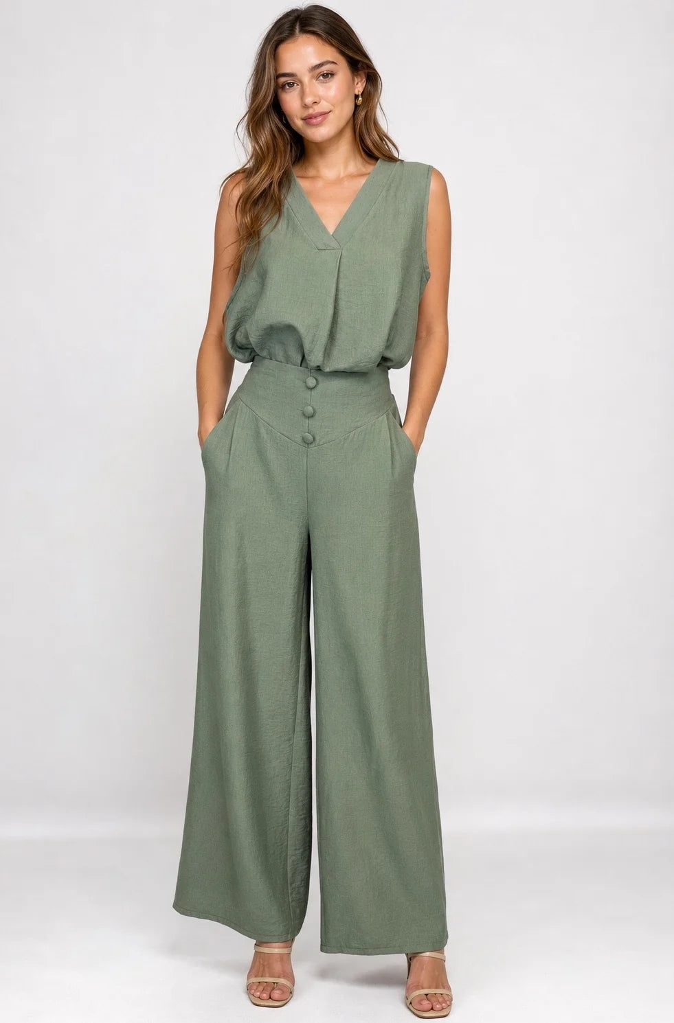Textured V-Neck Wide-Leg Co-Ord Khaki
