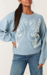 Swan Embroidered Soft Touch Jumper Blue