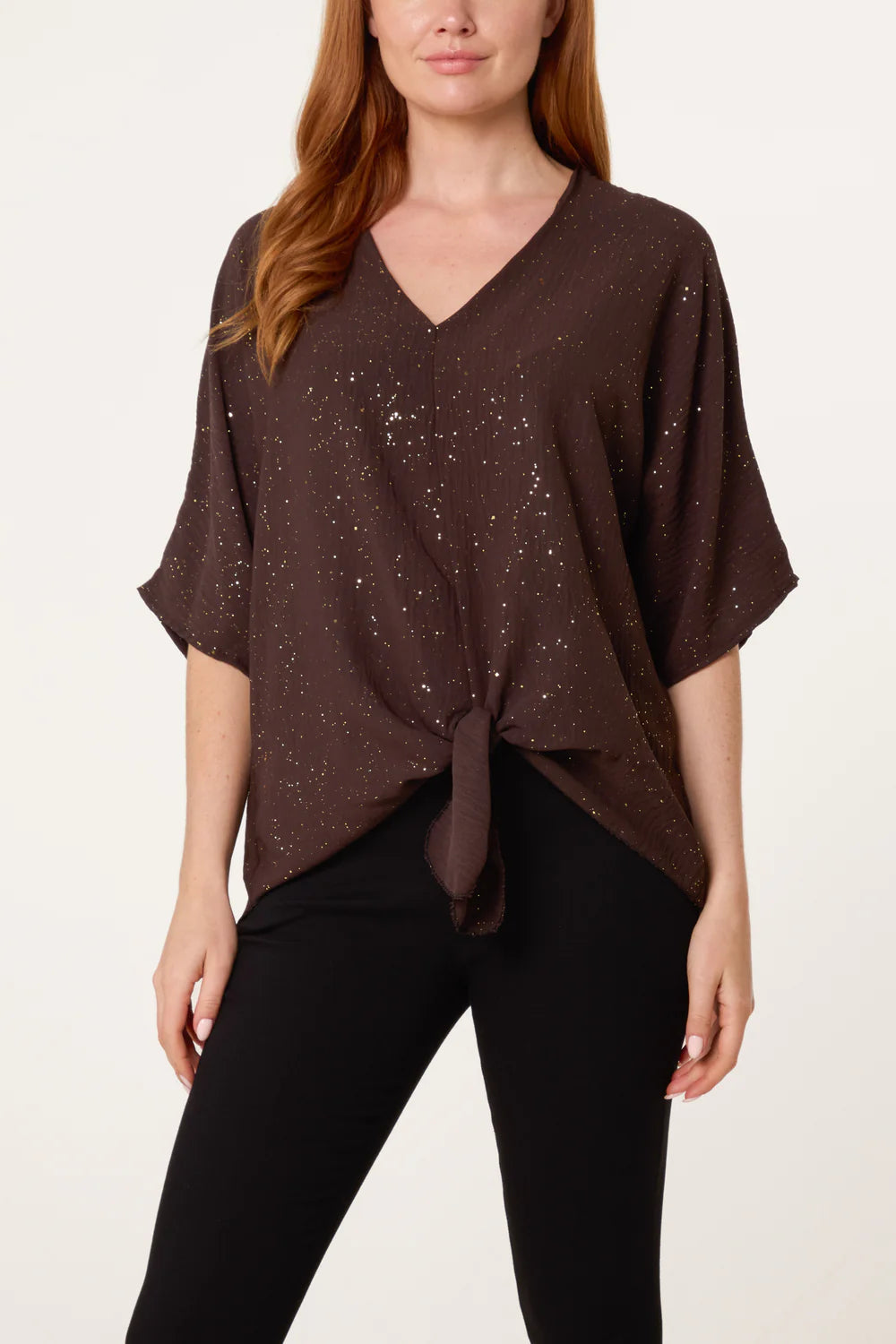 Glitter Front Knot Top. Brown