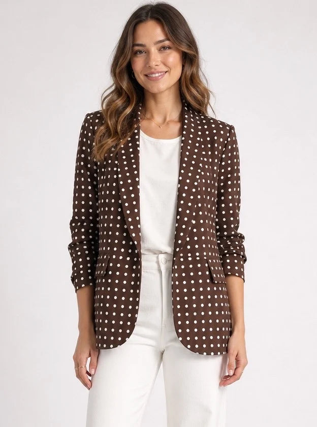 Polka Dot Ruched Sleeve Blazer Chocolate