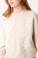 Swan Embroidered Soft Touch Jumper Stone