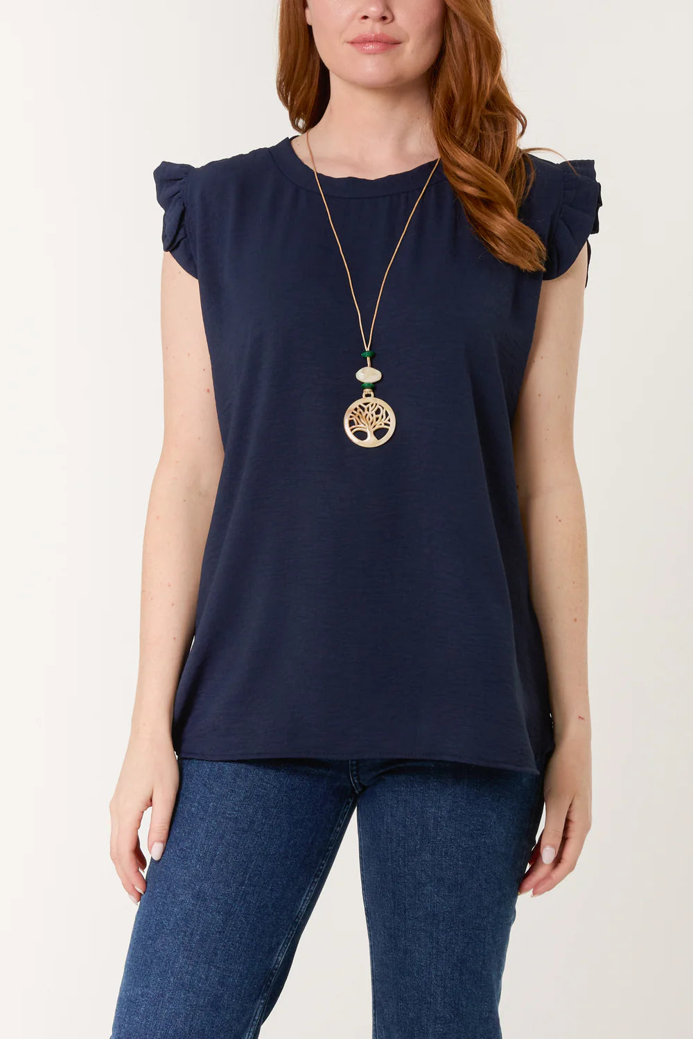 Frill Sleeve Necklace Top in Navy