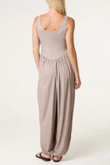 Fine Rib Stretch Harem Jumpsuit Taupe