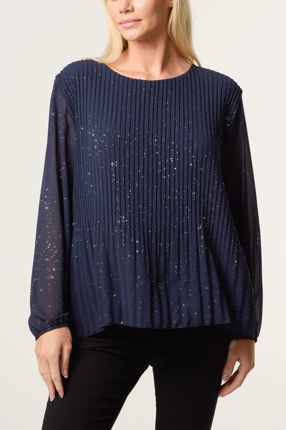 Glitter Pleated Long Sleeve Top Navy