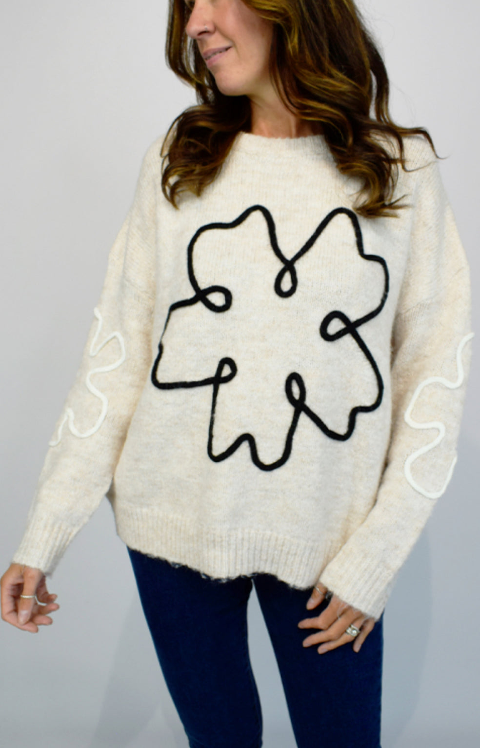 Large Flower Embroidered Knit Cream