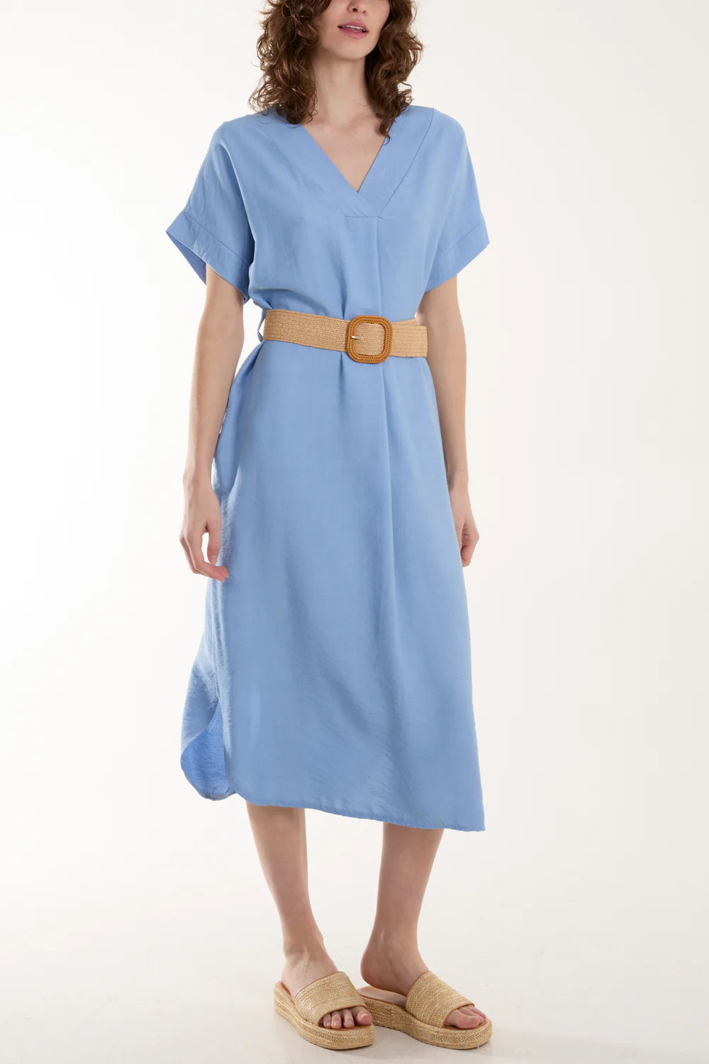 V-neck Belted Pocket Dress Blue