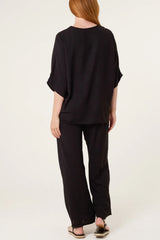 Front Tie Button Detail Co-ord Black