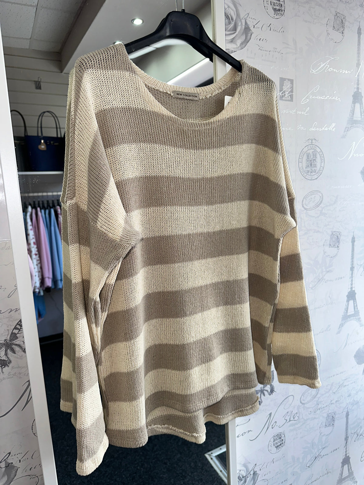 Cotton Blend Stripe Knit Stone