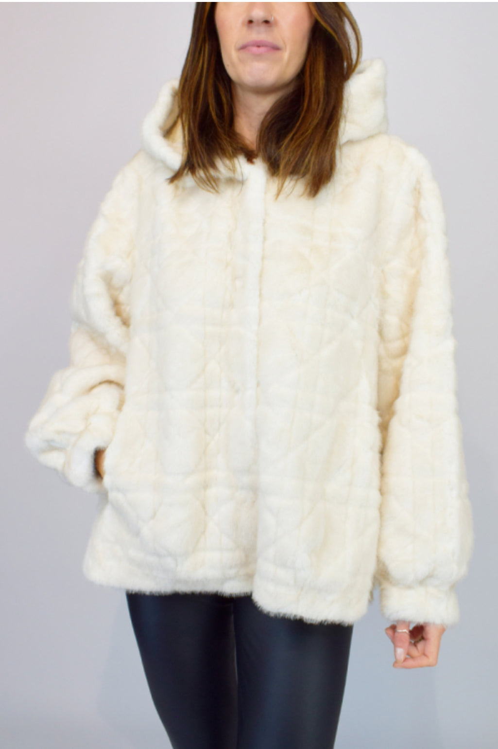 Oversized Hooded Fur Coat Cream