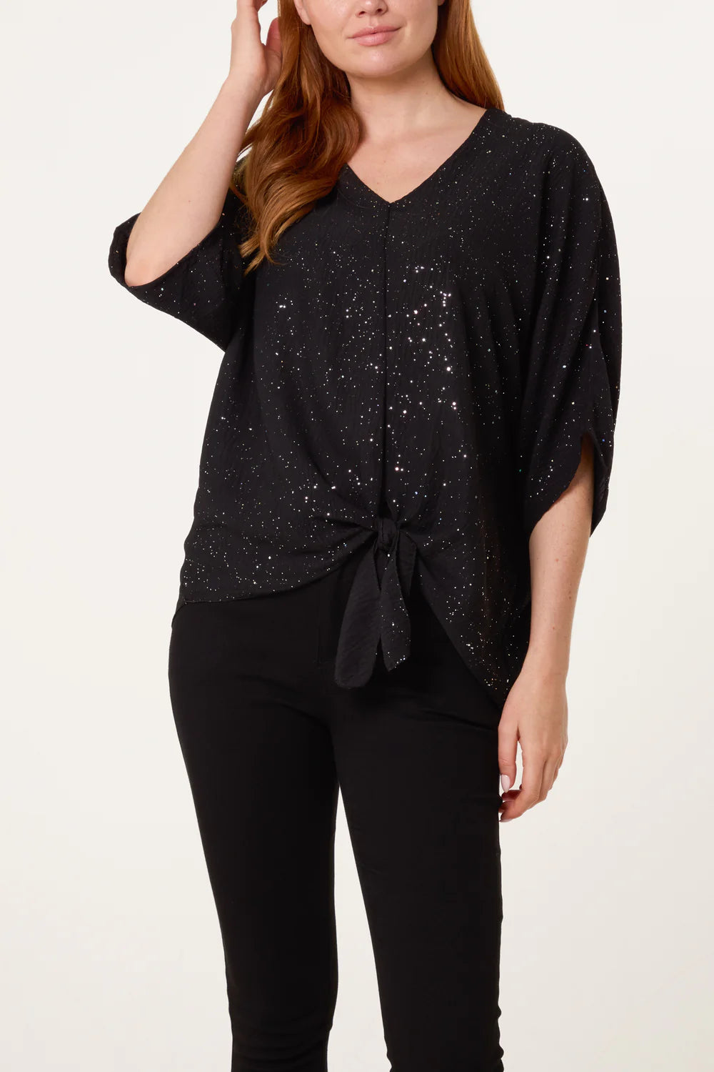 Glitter Front Knot Top Black