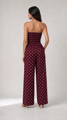 Polka Dot Strapless Wide-Leg Jumpsuit Wine