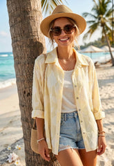 Oversized Leaf Print Cotton Shirt Lemon