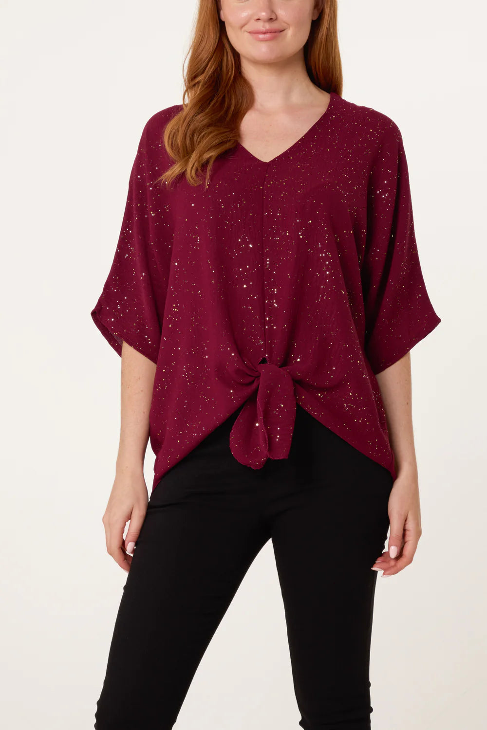 Glitter Front Knot Top Wine