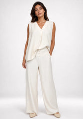 Textured V-Neck Wide-Leg Co-Ord Cream