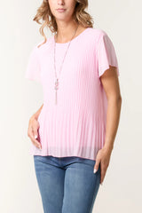 Short Sleeved Oversized Pleated Top in Pale Pink
