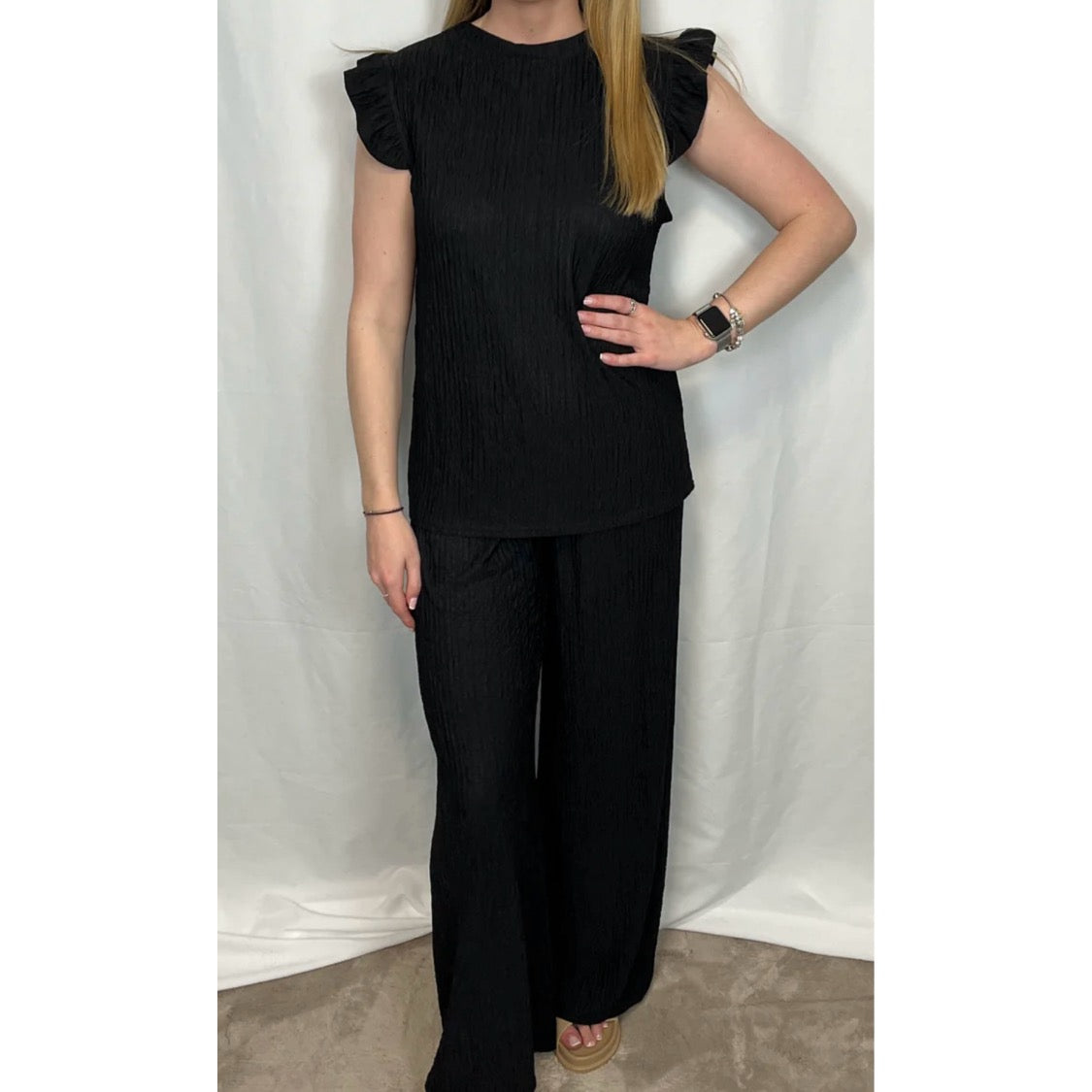Frill Sleeve Crinkle Co-ord Black