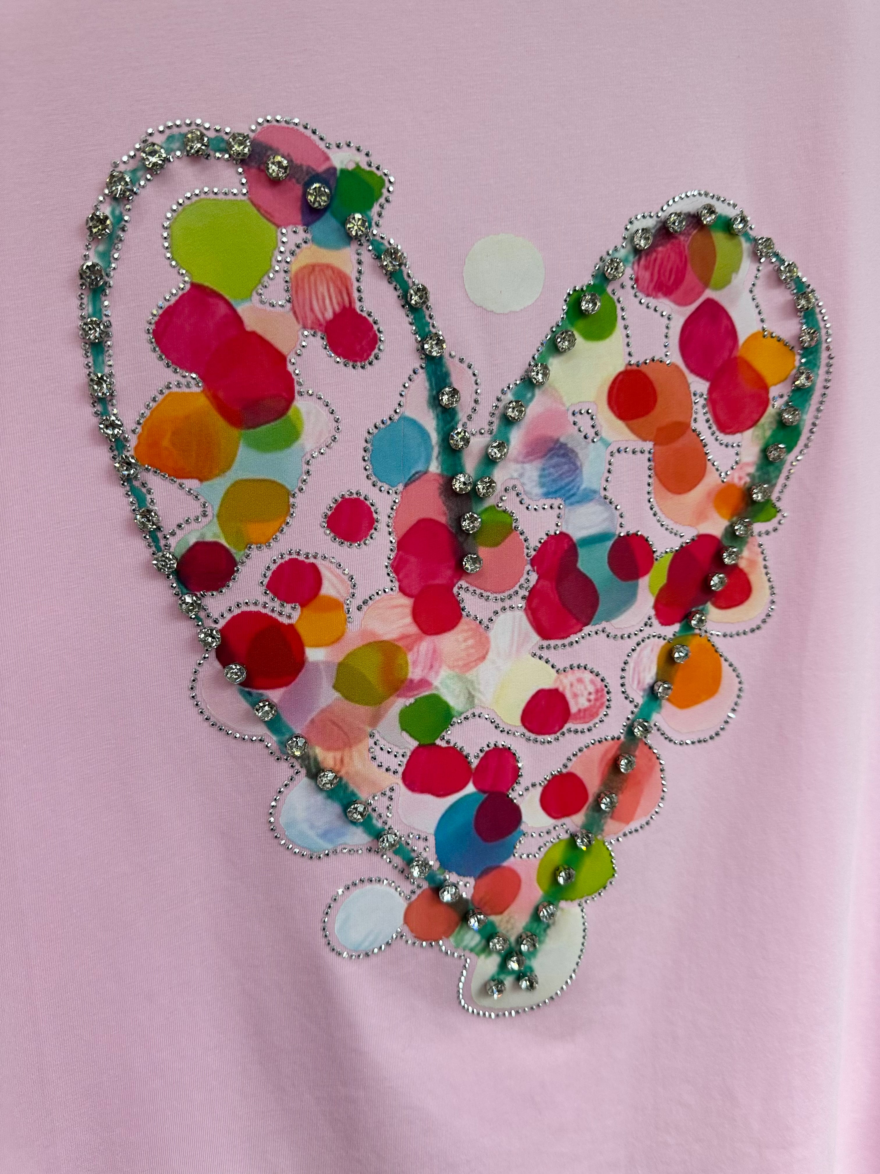 Multi Coloured/Diamante Heart Tee Pink