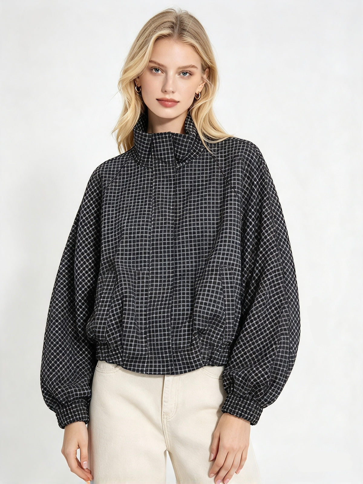 Cropped Gingham Bomber Jacket Black