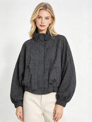 Cropped Gingham Bomber Jacket Black