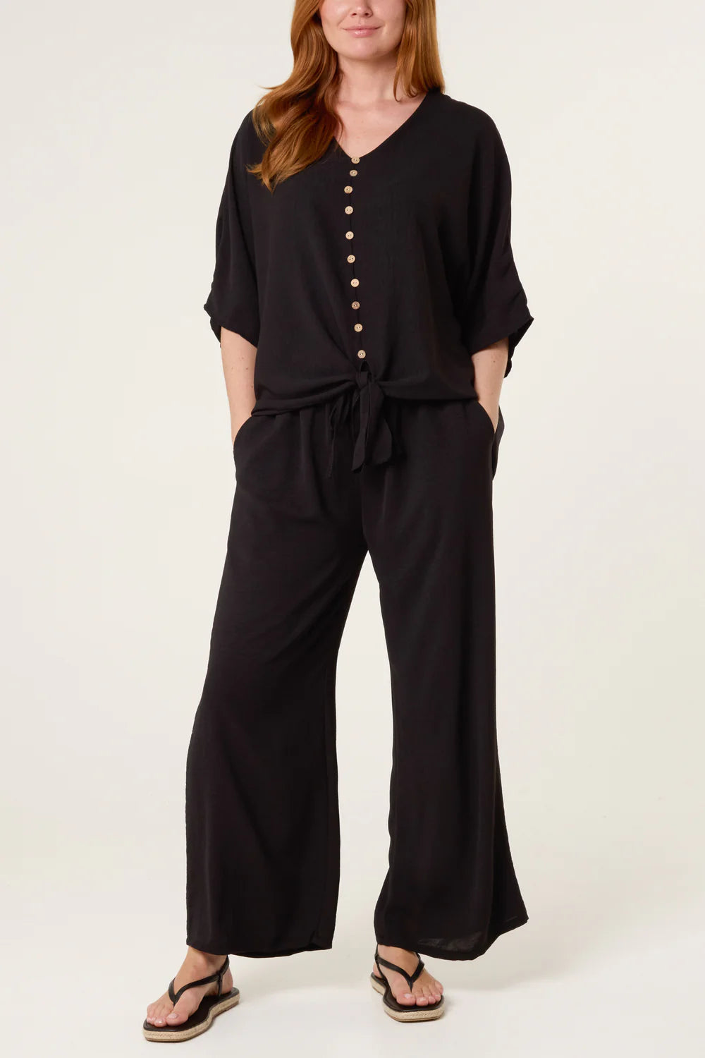Front Tie Button Detail Co-ord Black