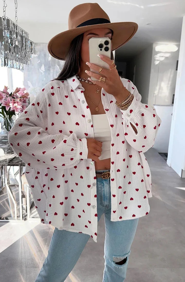 Hearts Print Oversized Cotton Shirt in White With Red Hearts