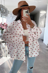 Hearts Print Oversized Cotton Shirt in White With Red Hearts