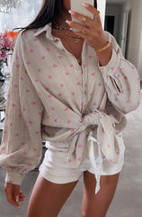 Hearts Print Oversized Cotton Shirt in Stone