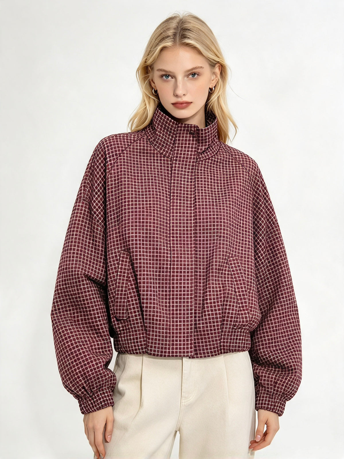 Cropped Gingham Bomber Jacket Burgundy