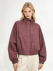 Cropped Gingham Bomber Jacket Burgundy