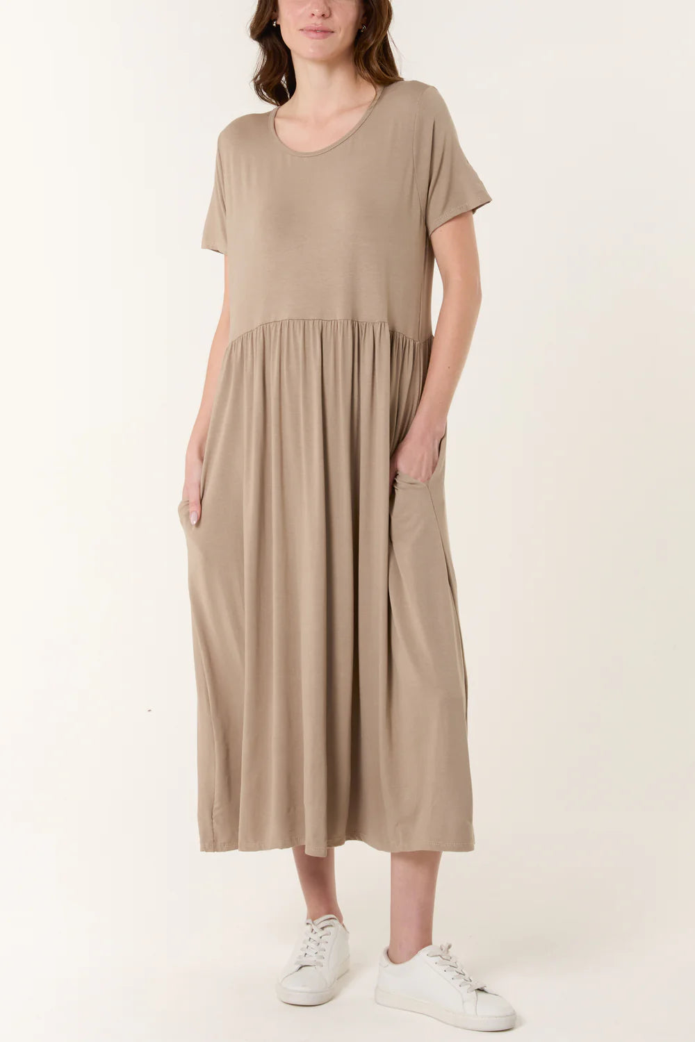 Round Neck Stretch Midi Dress Stone