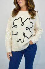 Large Flower Embroidered Knit Cream