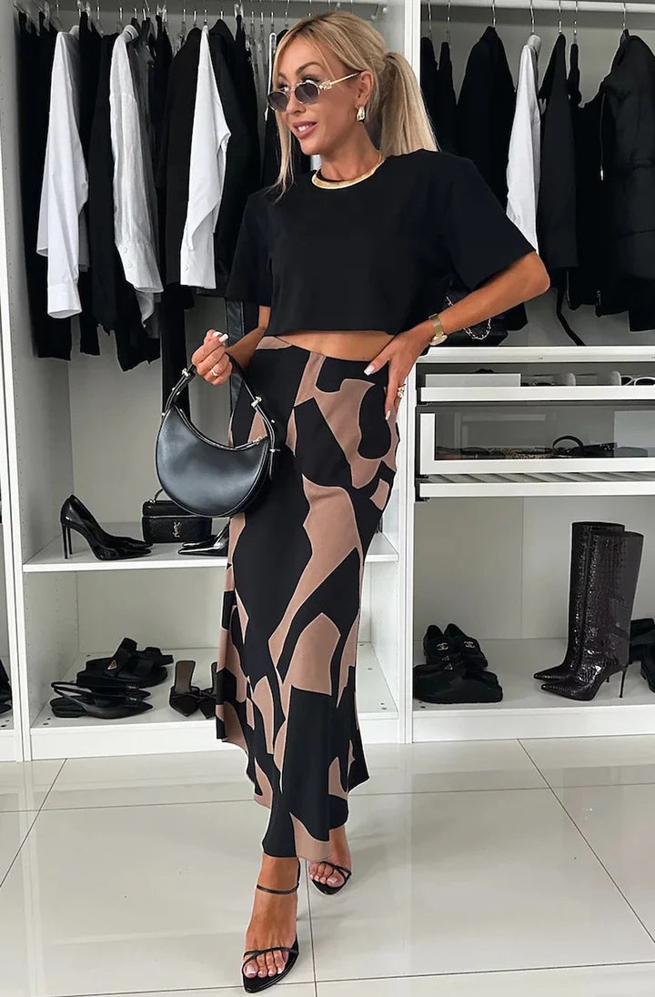 Satin Brown/black Print Midaxi Skirt