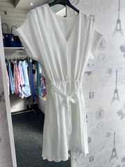 V-Neck Belted Dress White