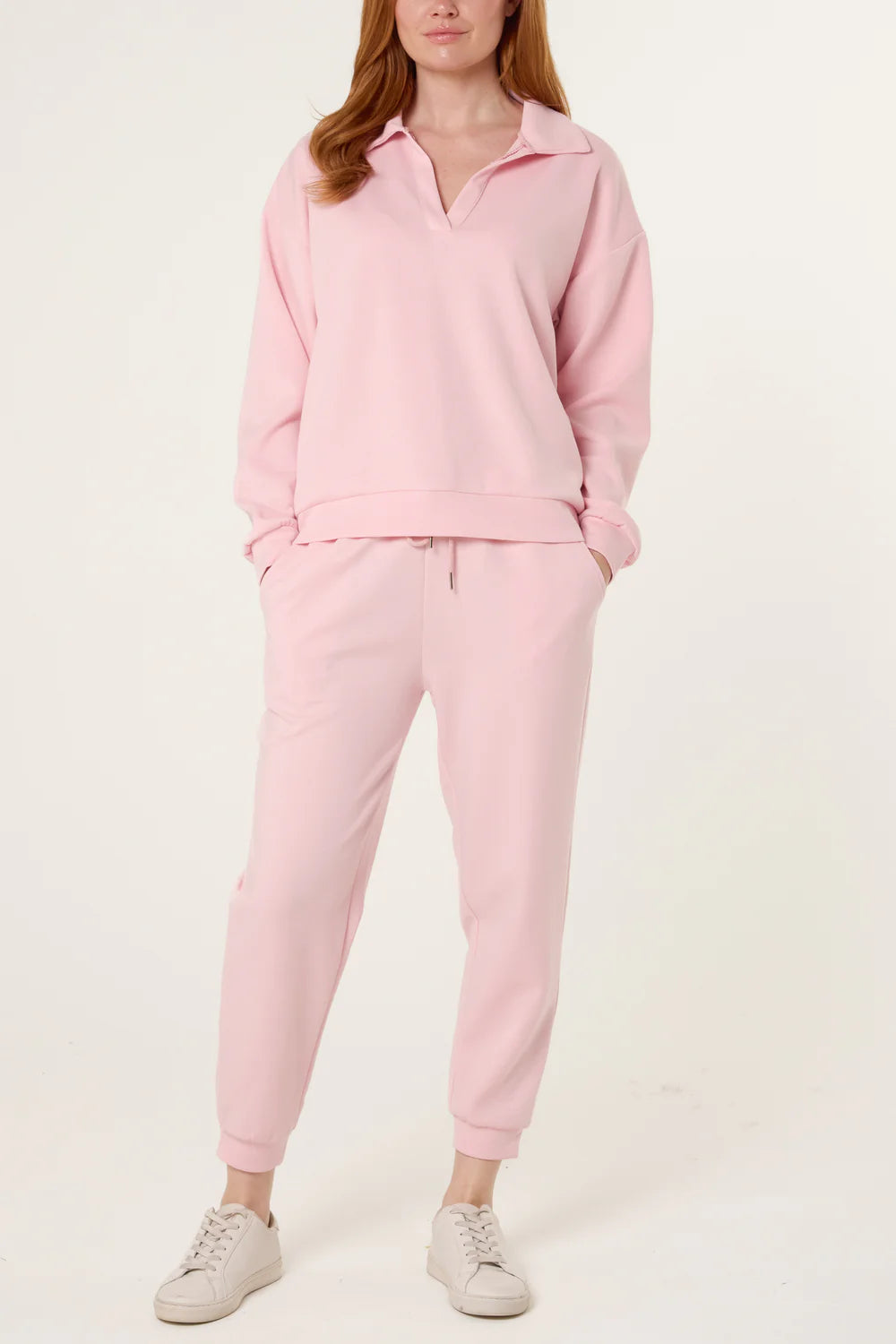 Collared V-Neck Top & Trouser Sweat Set Pink