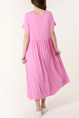 Round Neck Stretch Midi Dress Bubblegum Pink