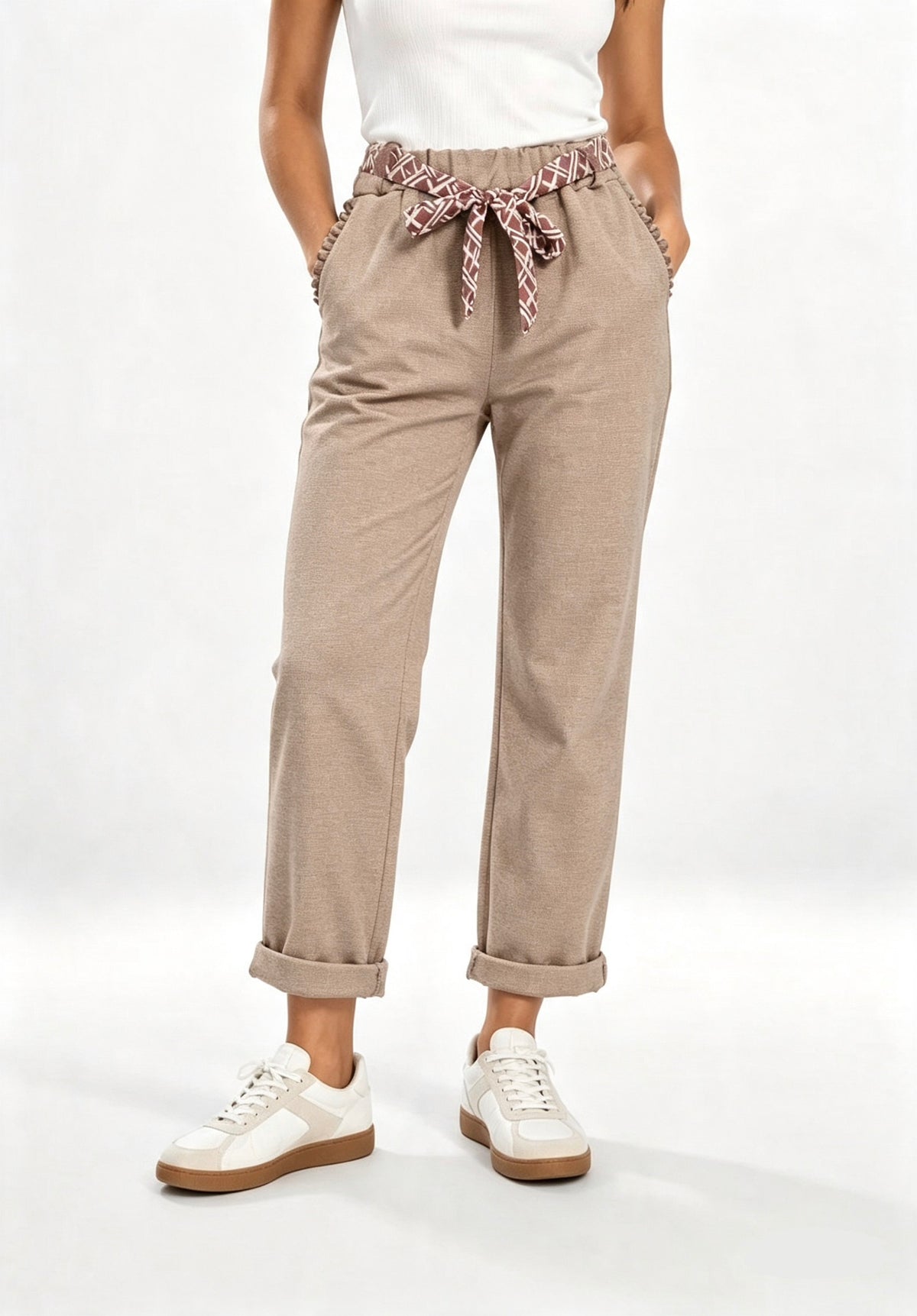 Paperbag Waist Trousers with Patterned Belt Stone