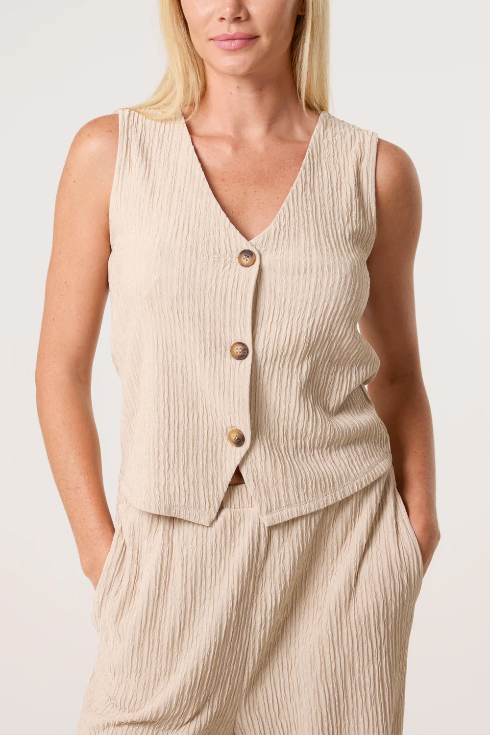 Textured Waistcoat and Trousers Set Stone