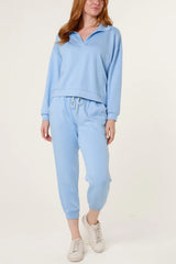 Collared V-Neck Top & Trouser Sweat Set Blue