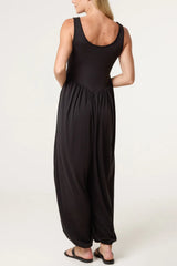 Fine Rib Stretch Harem Jumpsuit Black