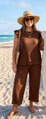Frill Sleeve Crinkle Co-ord Brown