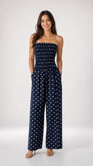 Polka Dot Strapless Wide-Leg Jumpsuit Navy