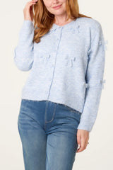 Bow Pearl Button Through Knit Cardigan Blue