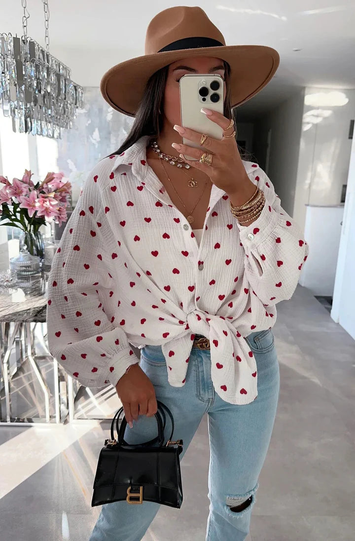 Hearts Print Oversized Cotton Shirt in White With Red Hearts