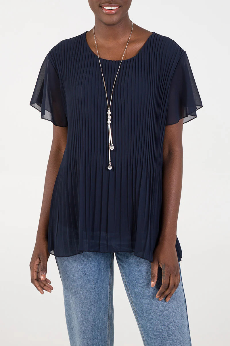 Short Sleeved Oversized Pleated Top in Navy