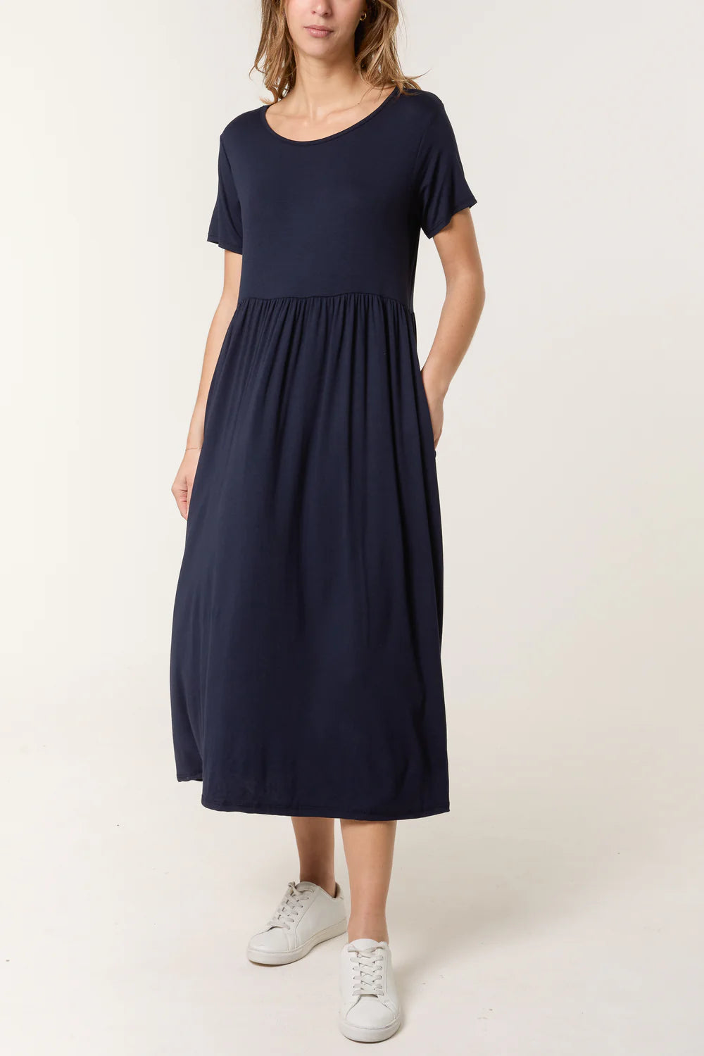 Round Neck Stretch Midi Dress Navy