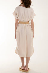 V-neck Belted Pocket Dress Cream