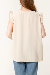 Frill Sleeve Necklace Top in Stone