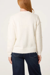 Bow Pearl Button Through Knit Cardigan Cream