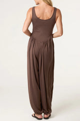 Fine Rib Stretch Harem Jumpsuit Brown