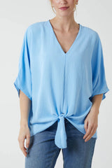 V-Neck Tie Front Blouse Half Sleeve Pale Blue